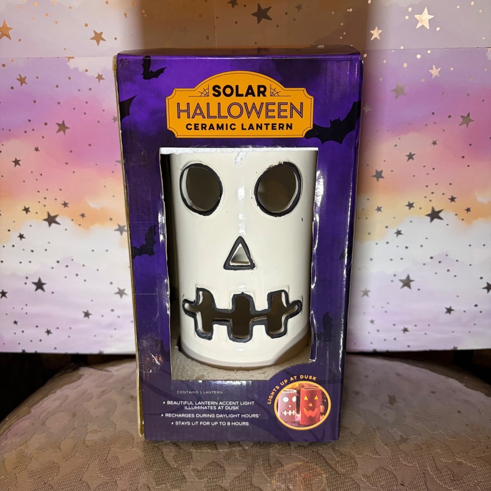 Solar Halloween Ceramic Lantern Skull White Light Up Outdoor Decor 8.5 Inch